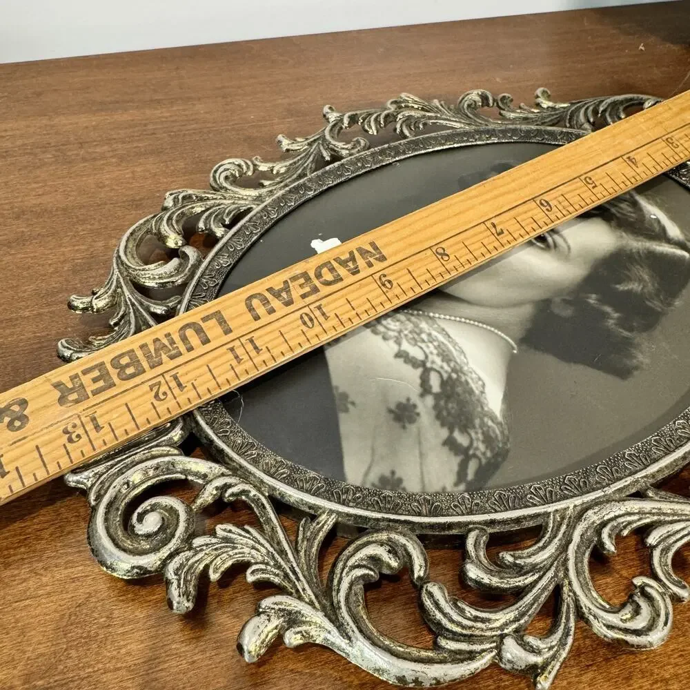 Vintage Art Nouveau Metal Picture Frame Floral Woman 7x9 inch B&W Photo